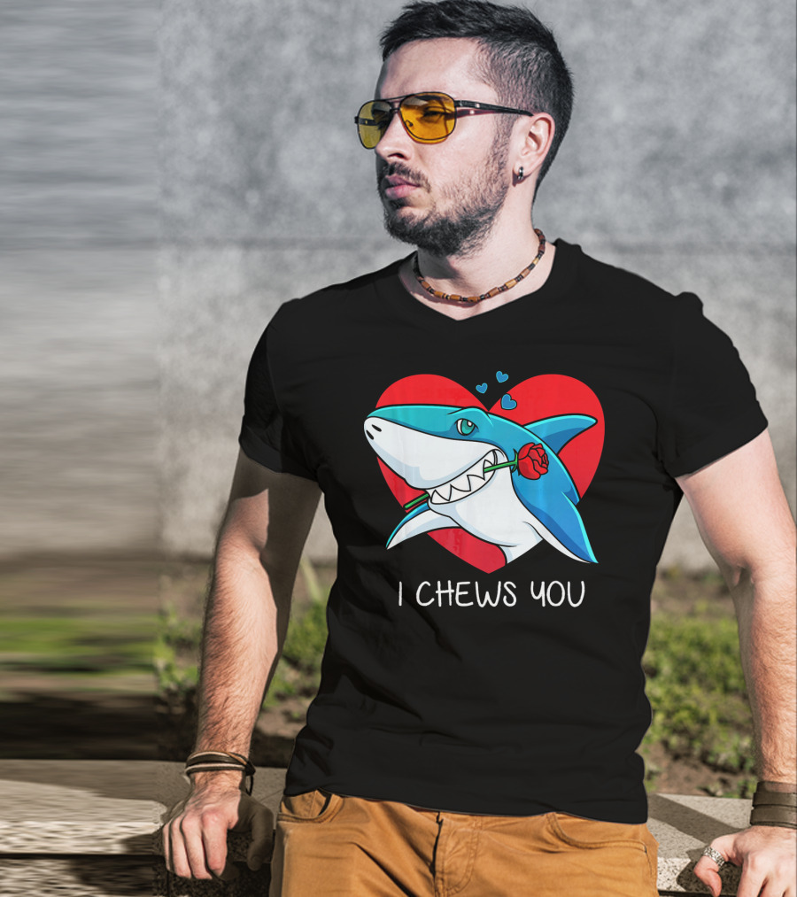 I Chews You Great White Shark Holding Rose In Front Of Heart Valentines T-Shirt