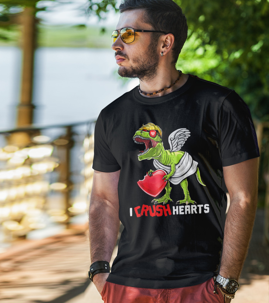 I Crush Hearts Valentine Day T-Rex With Wings And Heart T-Shirt