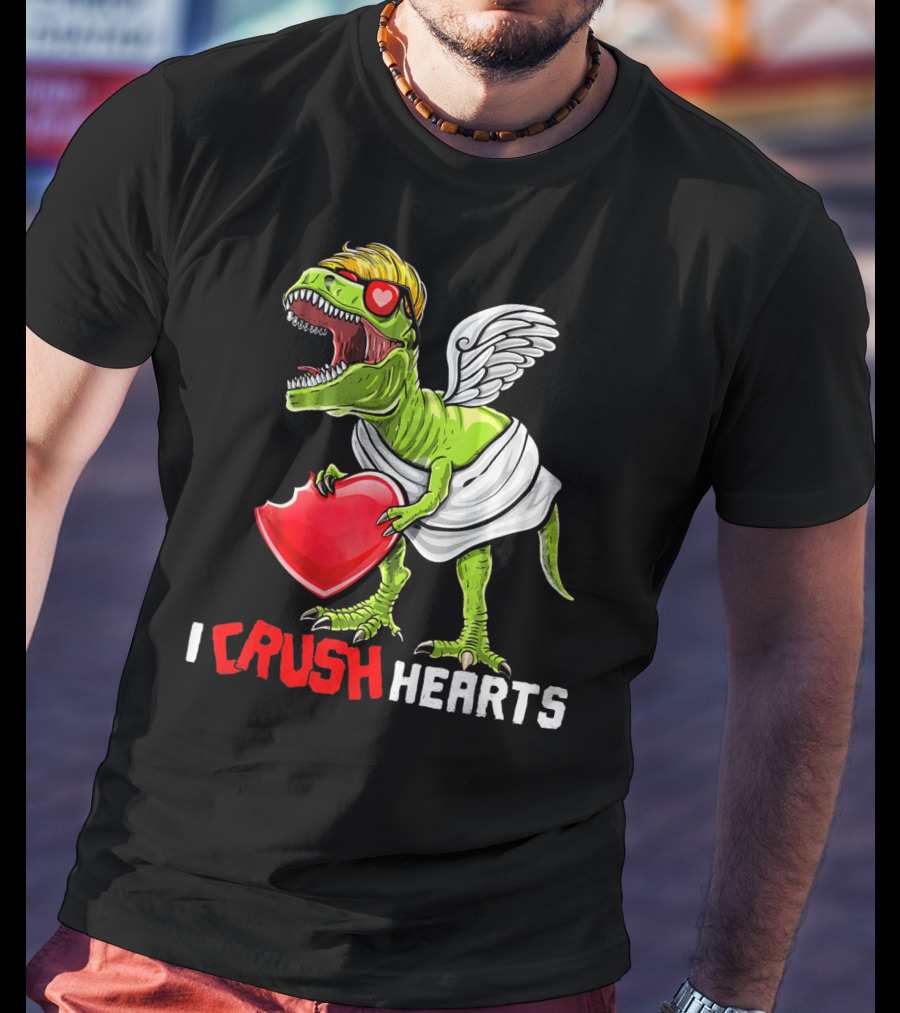 I Crush Hearts Valentine Day T-Rex With Wings And Heart T-Shirt
