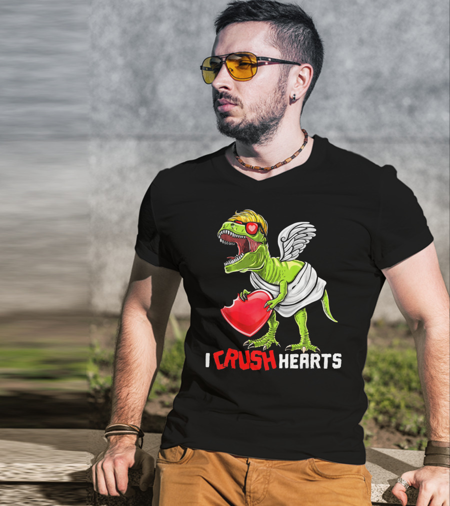 I Crush Hearts Valentine Day T-Rex With Wings And Heart T-Shirt
