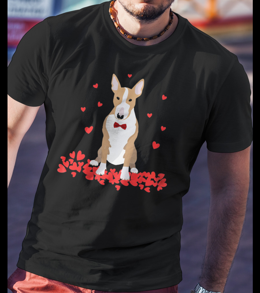 I Love My Bull Terrier Valentine Surrounded By Hearts And Red Bow Tie T-Shirt