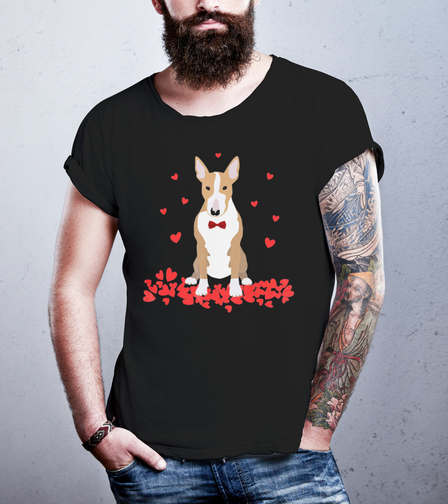 I Love My Bull Terrier Valentine Surrounded By Hearts And Red Bow Tie T-Shirt