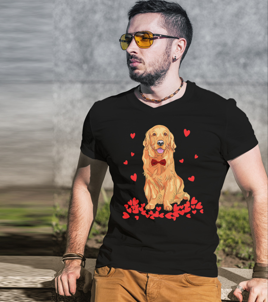 I Love My Golden Retriever Surrounded By Red Hearts T-Shirt