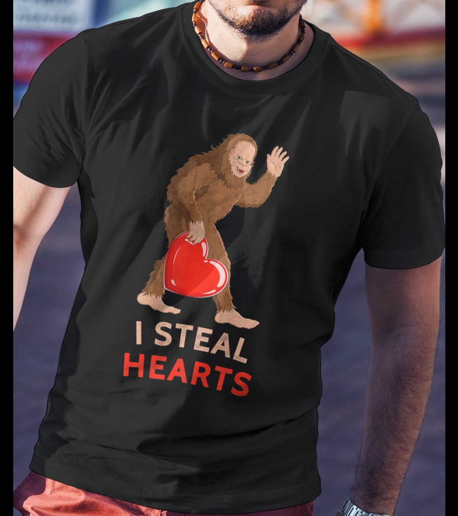 I Steal Hearts Bigfoot Valentine's Day Funny Sasquatch Image T-Shirt