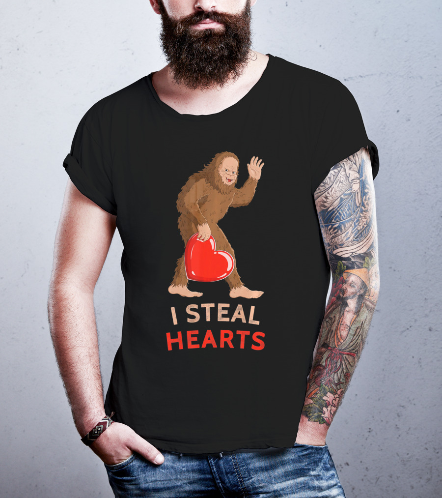 I Steal Hearts Bigfoot Valentine's Day Funny Sasquatch Image T-Shirt