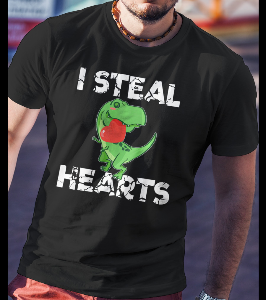 I Steal Hearts Dinosaur Valentine's Day T-Rex Holding Heart T-Shirt