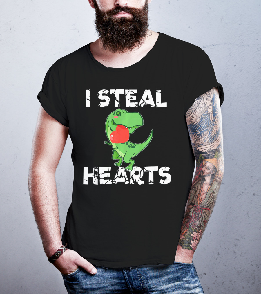 I Steal Hearts Dinosaur Valentine's Day T-Rex Holding Heart T-Shirt