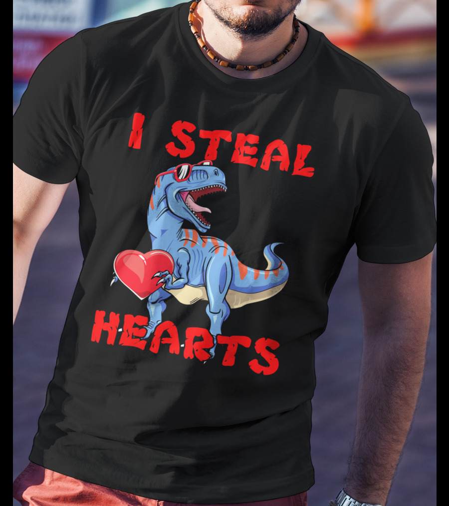 I Steal Hearts Dinosaur Valentines Red Heart Sunglasses T-Shirt