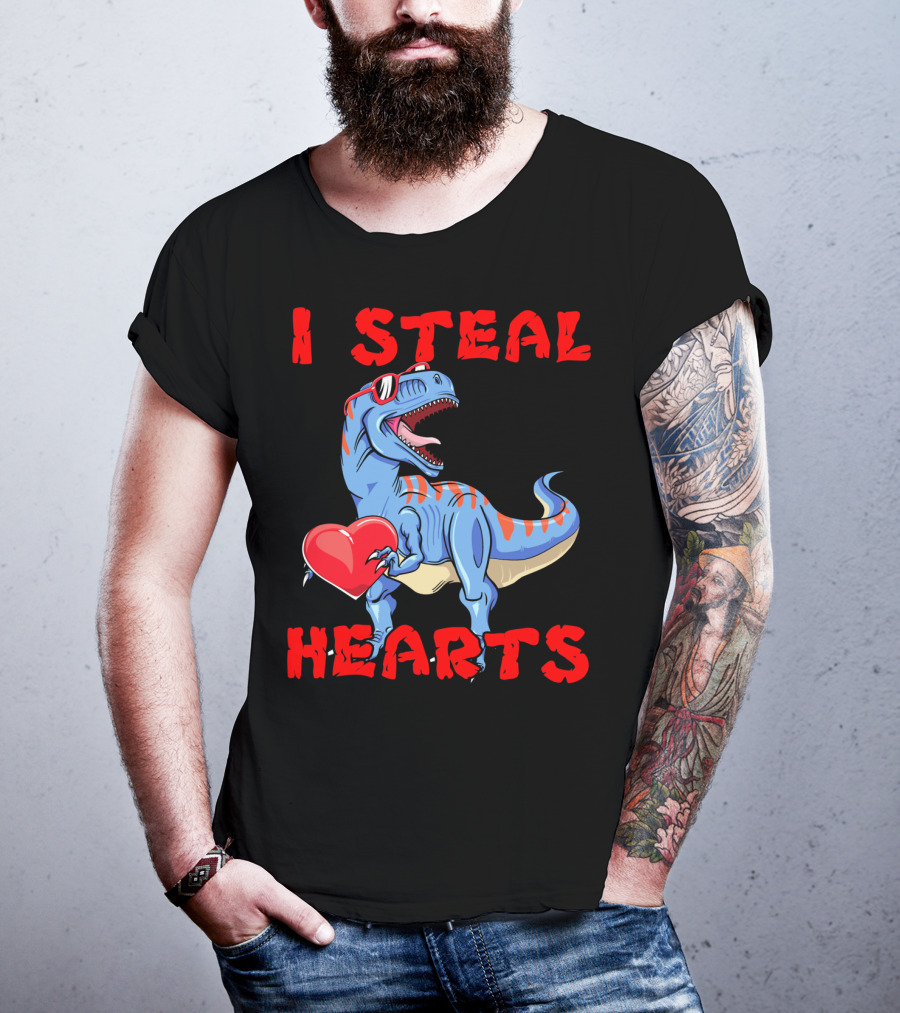 I Steal Hearts Dinosaur Valentines Red Heart Sunglasses T-Shirt