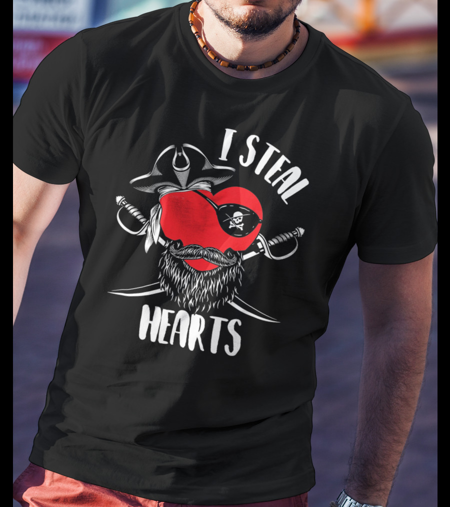 I Steal Hearts Funny Valentines Day Pirate Beard Patch Swords T-Shirt