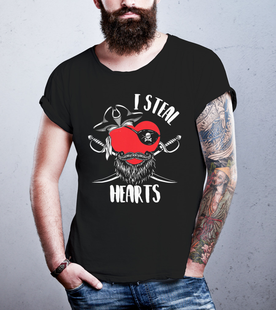 I Steal Hearts Funny Valentines Day Pirate Beard Patch Swords T-Shirt