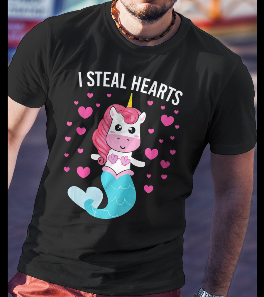 I Steal Hearts Cute Mermaid Unicorn Valentine Hearts T-Shirt