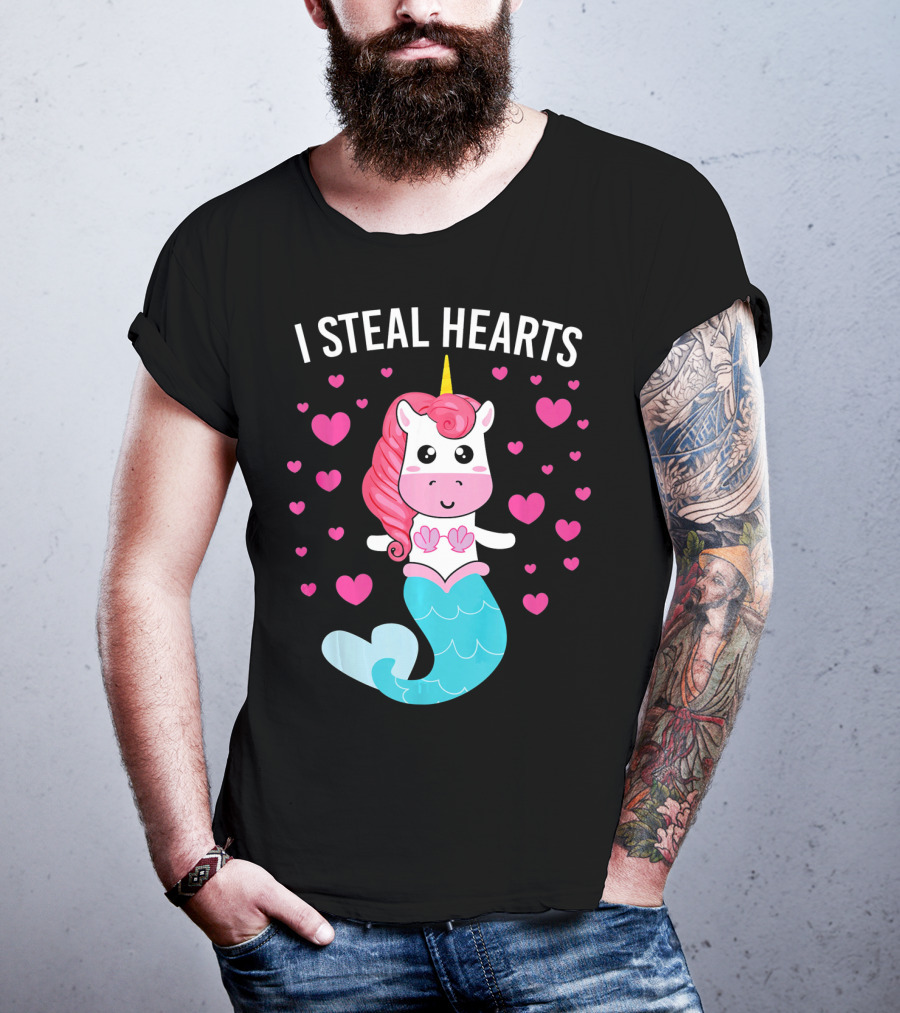 I Steal Hearts Cute Mermaid Unicorn Valentine Hearts T-Shirt