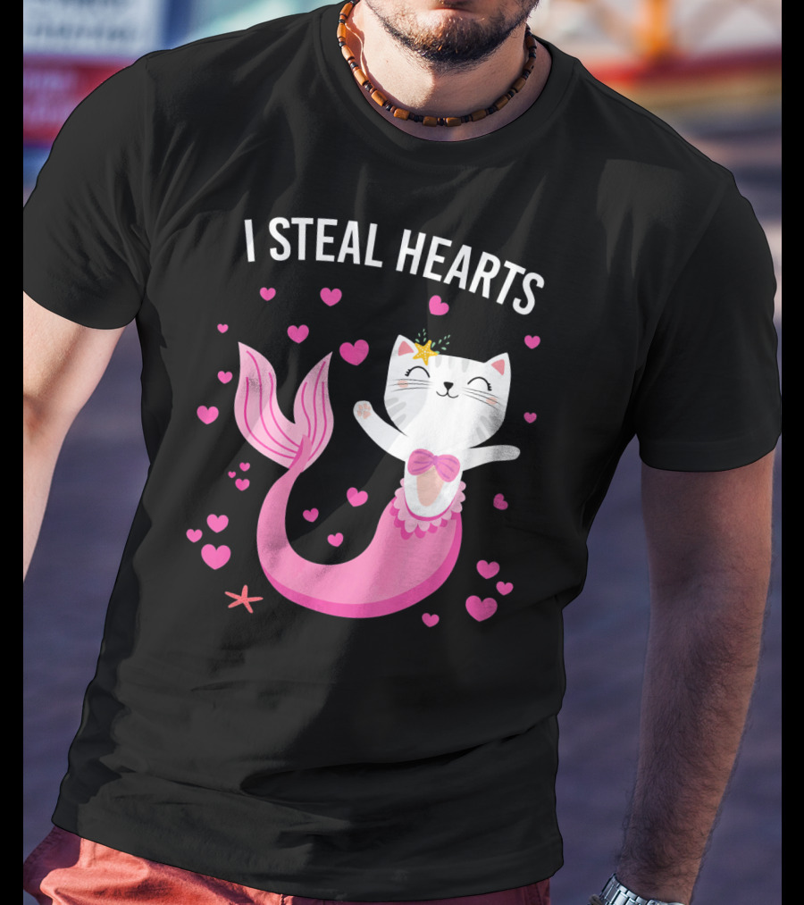 I Steal Hearts Purrmaid Cat Mermaid With Pink Hearts T-Shirt