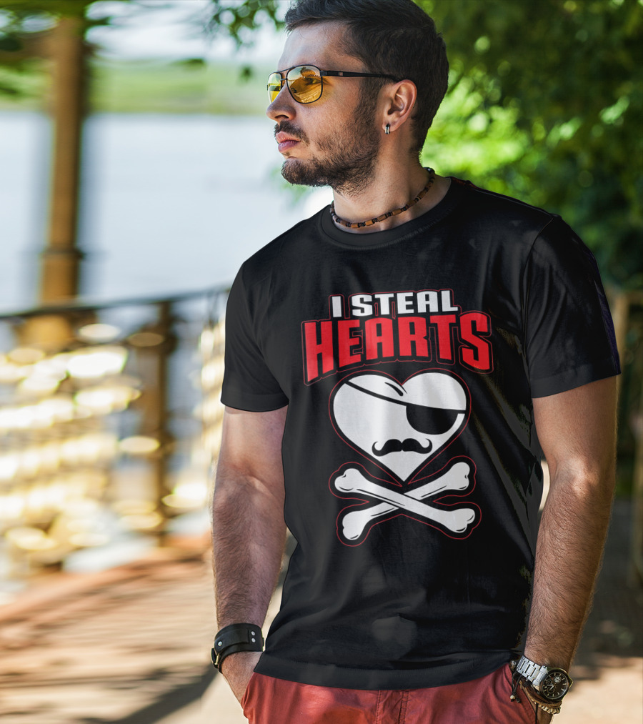 I Steal Hearts Pirate Mustache Crossbones Valentine T-Shirt
