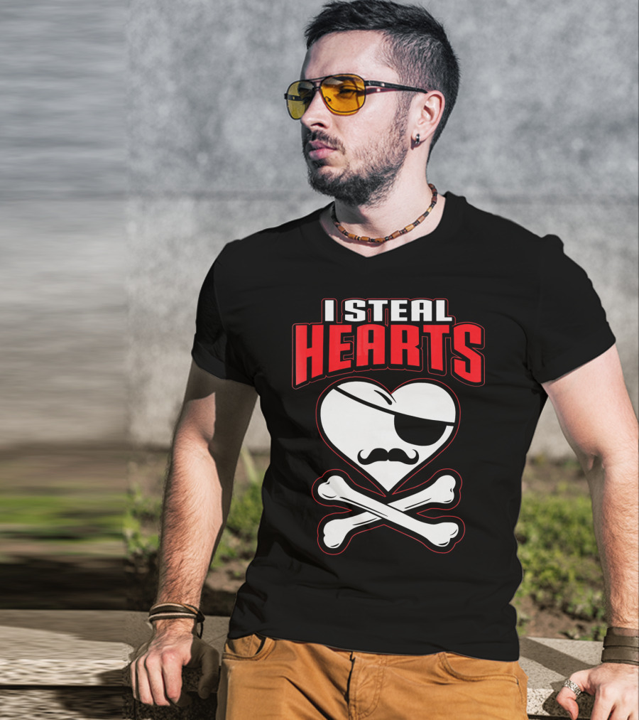 I Steal Hearts Pirate Mustache Crossbones Valentine T-Shirt
