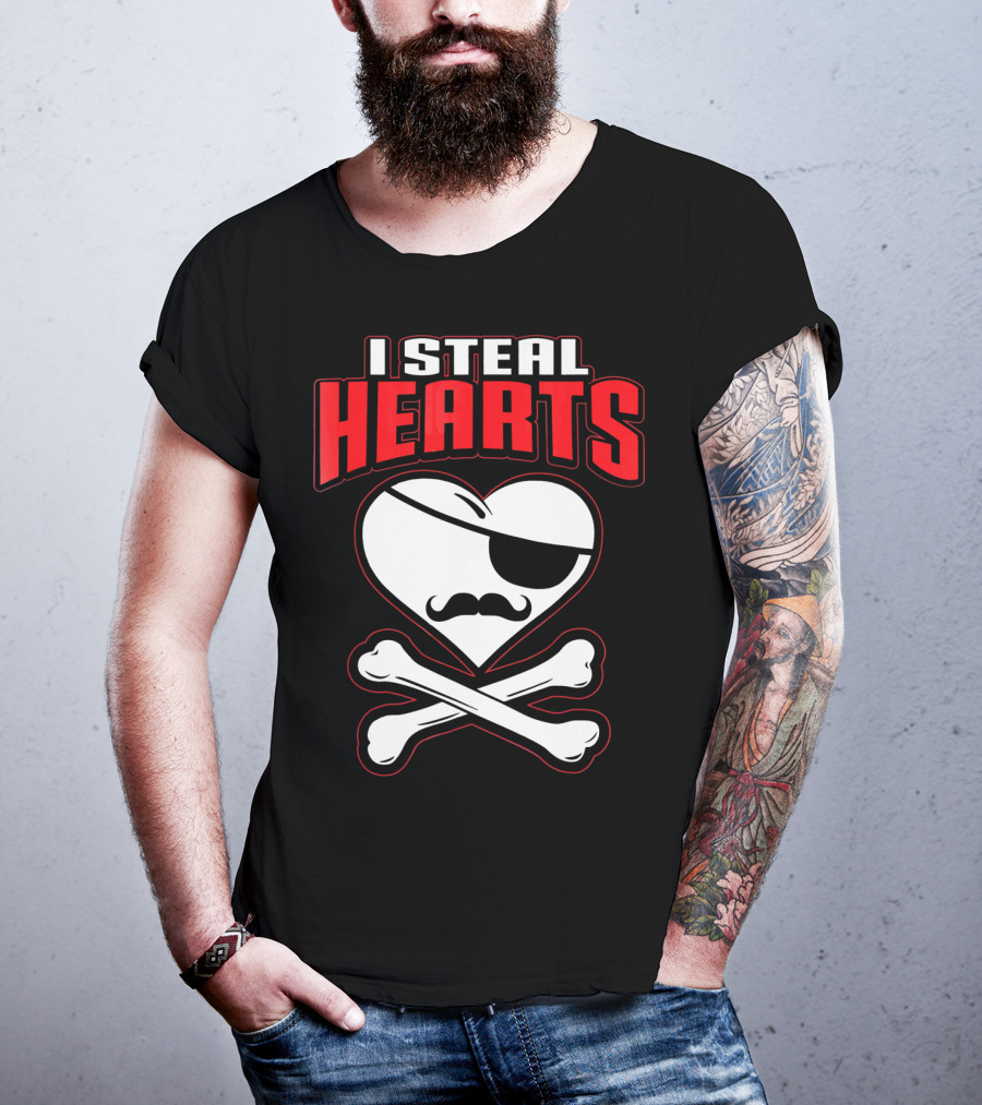 I Steal Hearts Pirate Mustache Crossbones Valentine T-Shirt