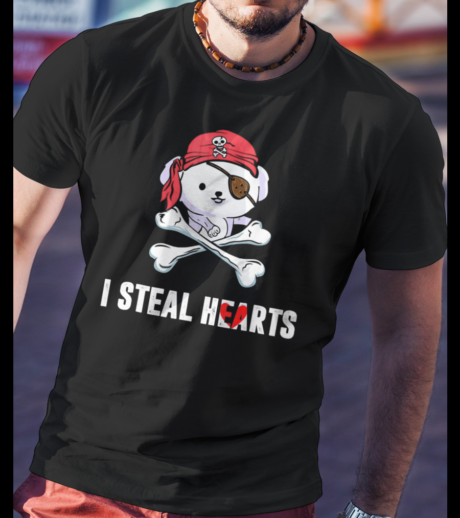 I Steal Hearts Bichon Frise Pirate With Eye Patch And Crossbones T-Shirt
