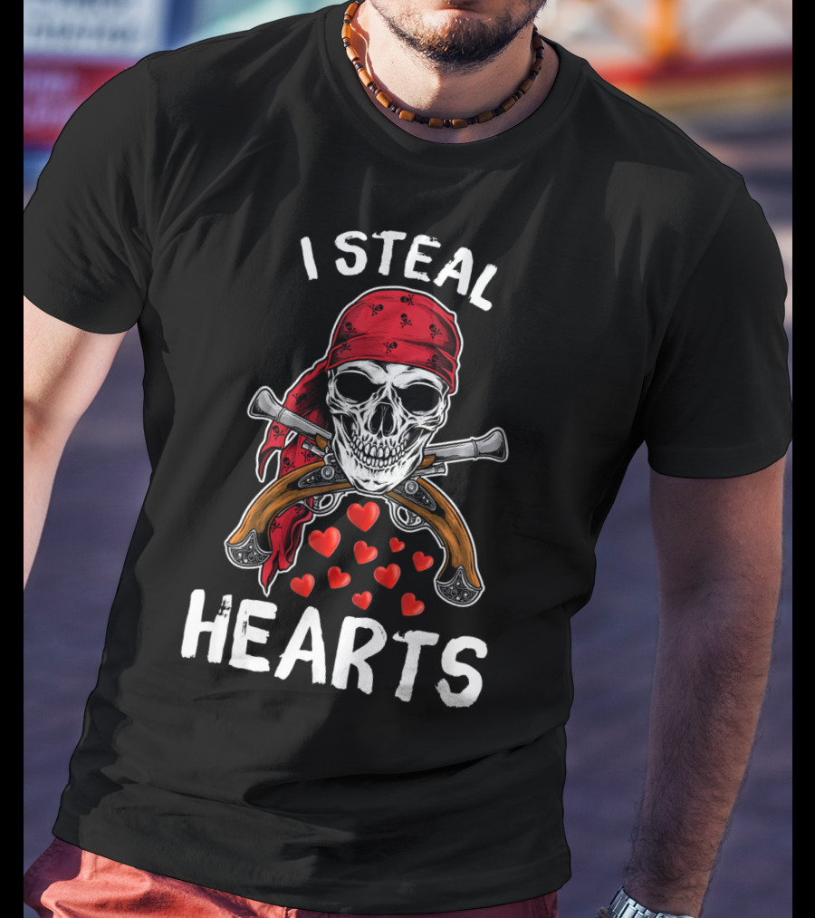 I Steal Hearts Valentines Day Pirate Skull Bandana Guns Hearts T-Shirt
