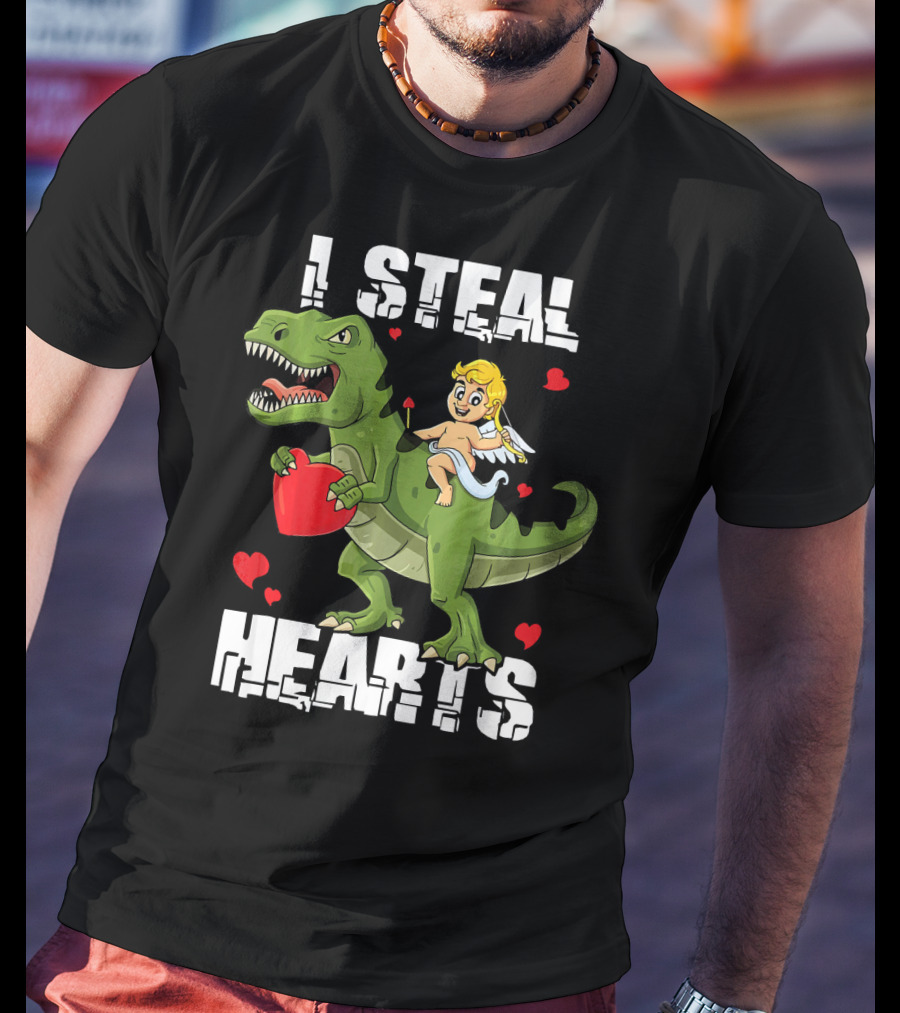 I Steal Hearts Dinosaur With Cupid And Valentines Hearts T-Shirt