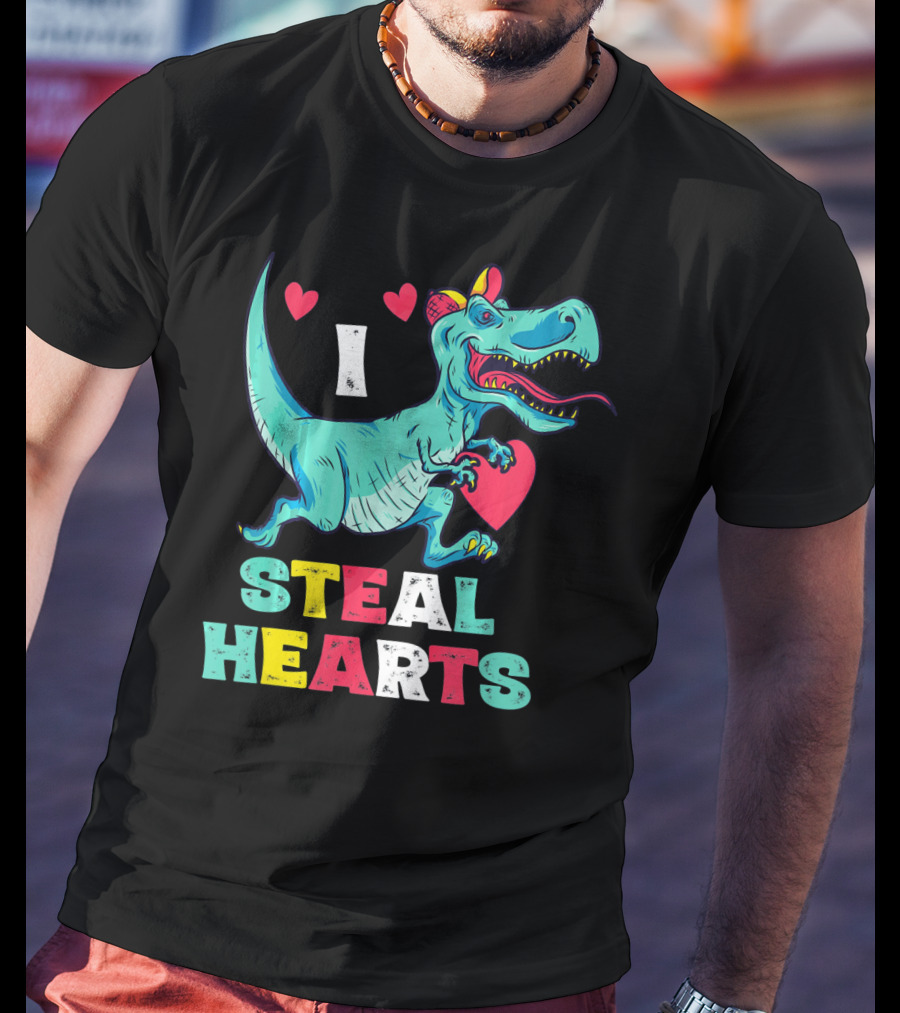 I Steal Hearts Valentine Dinosaur With Red Heart And Cute Hearts T-Shirt
