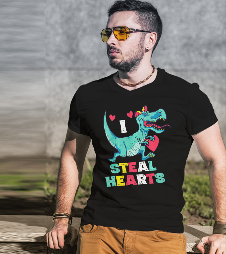 I Steal Hearts Valentine Dinosaur With Red Heart And Cute Hearts T-Shirt