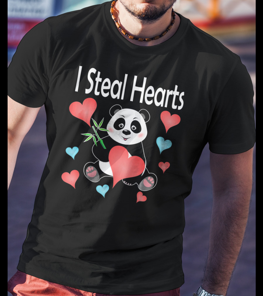 I Steal Hearts Valentines Day Panda Holding Heart And Bamboo T-Shirt