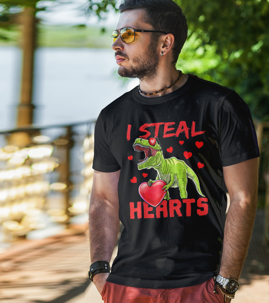 I Steal Hearts Valentines Day Rex Dino Holding Heart Surrounded By Hearts T-Shirt