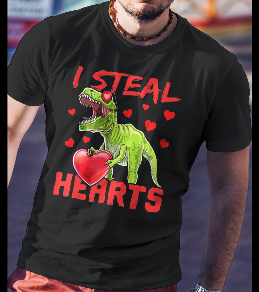 I Steal Hearts Valentines Day Rex Dino Holding Heart Surrounded By Hearts T-Shirt