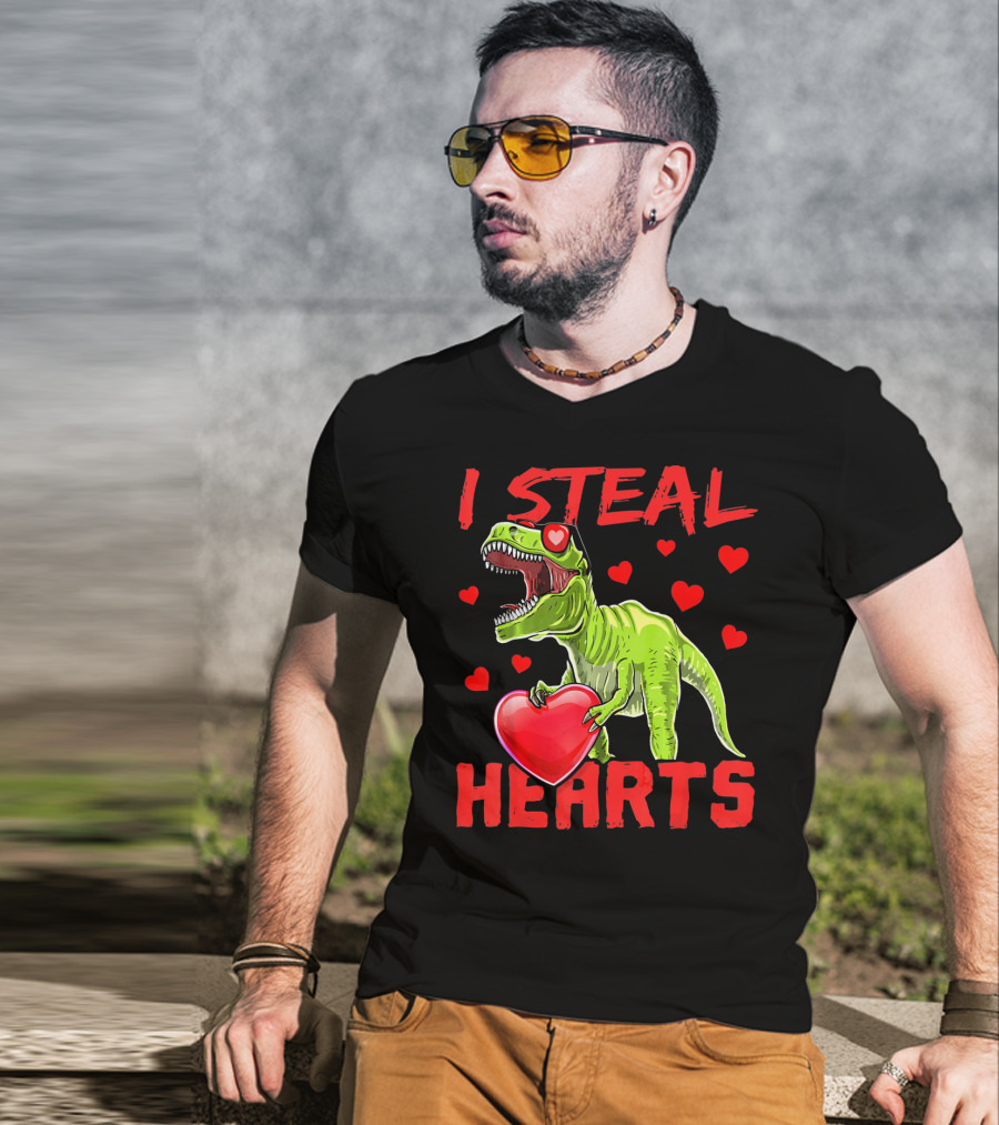 I Steal Hearts Valentines Day Rex Dino Holding Heart Surrounded By Hearts T-Shirt