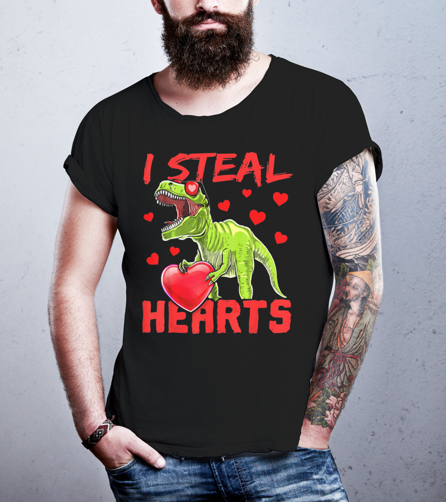 I Steal Hearts Valentines Day Rex Dino Holding Heart Surrounded By Hearts T-Shirt