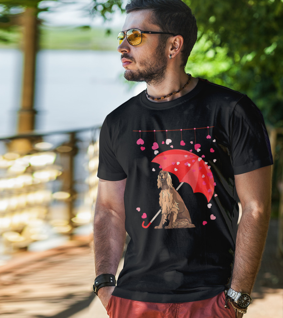 Irish Setter With Red Umbrella And Falling Hearts Valentine T-Shirt