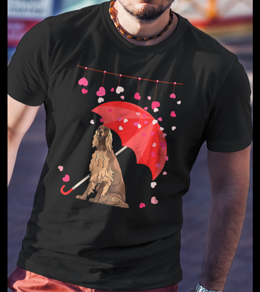 Irish Setter With Red Umbrella And Falling Hearts Valentine T-Shirt