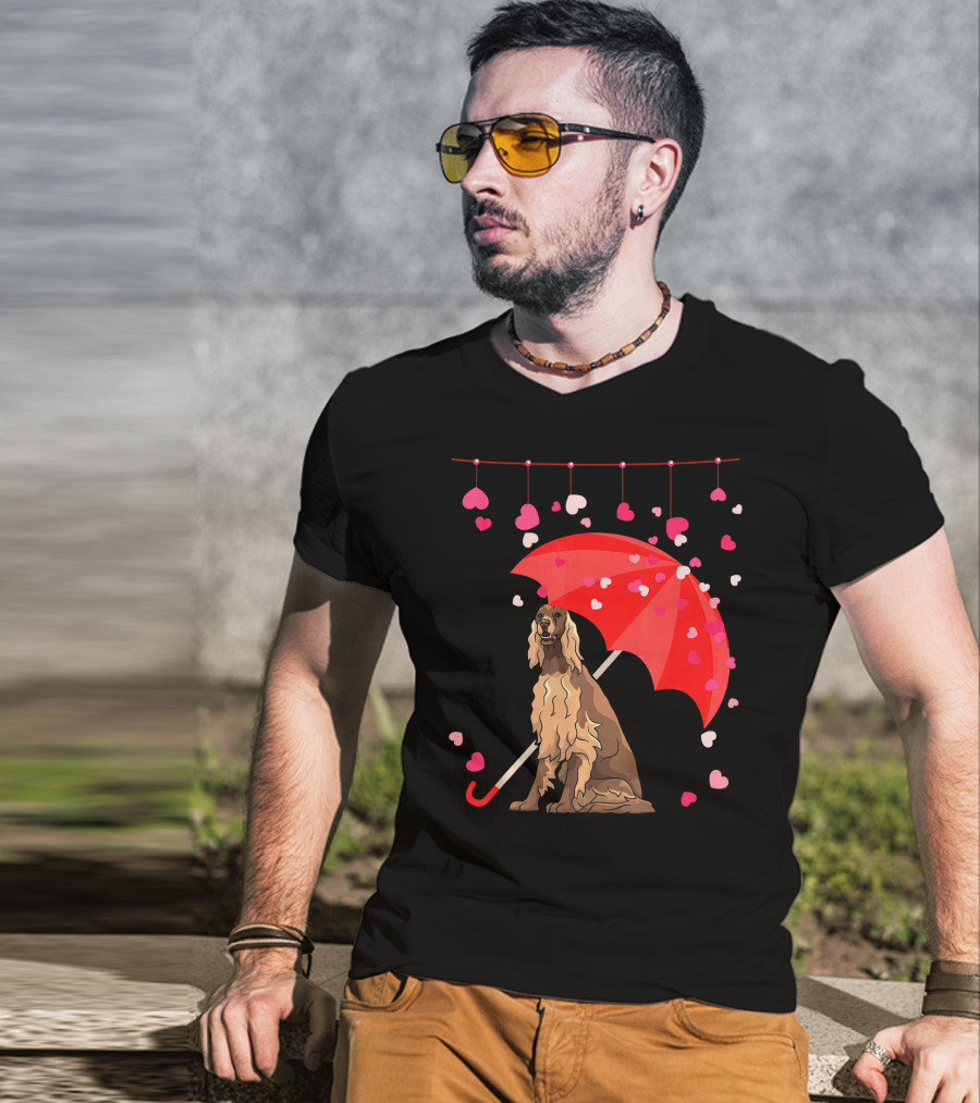 Irish Setter With Red Umbrella And Falling Hearts Valentine T-Shirt