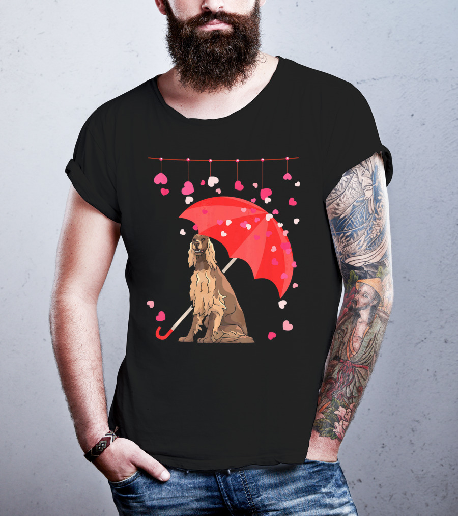 Irish Setter With Red Umbrella And Falling Hearts Valentine T-Shirt