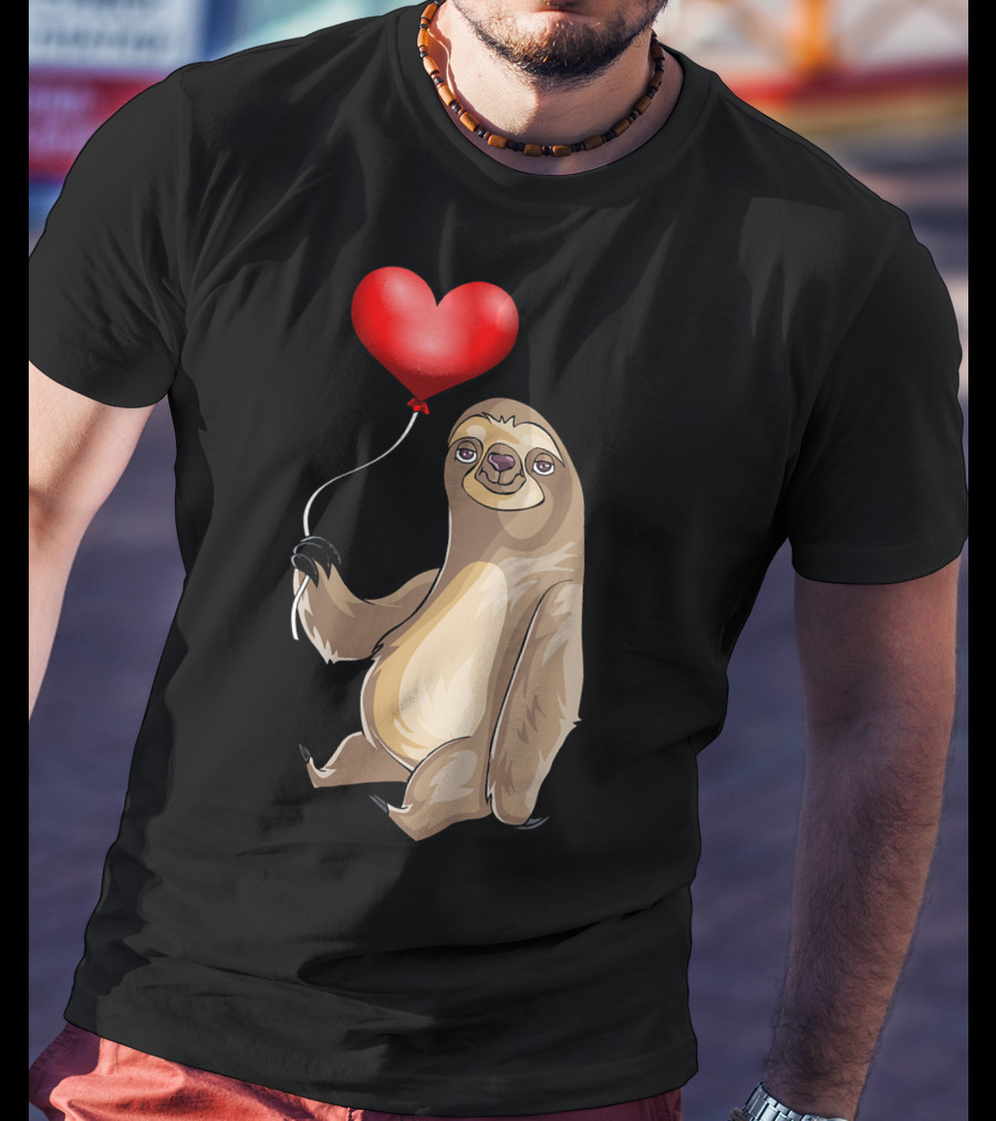 Kids Valentines Day Sloth Holding Heart Balloon T-Shirt