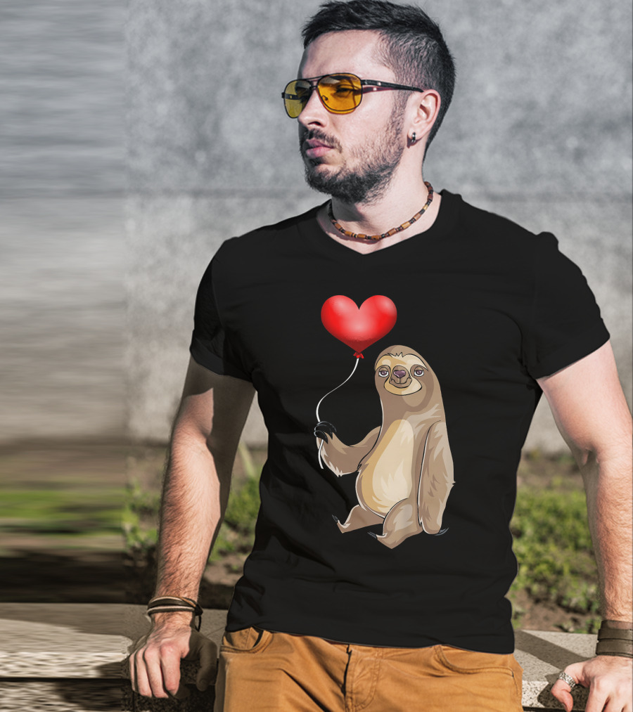 Kids Valentines Day Sloth Holding Heart Balloon T-Shirt