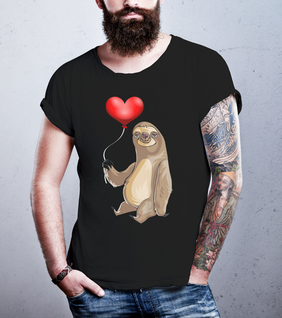 Kids Valentines Day Sloth Holding Heart Balloon T-Shirt