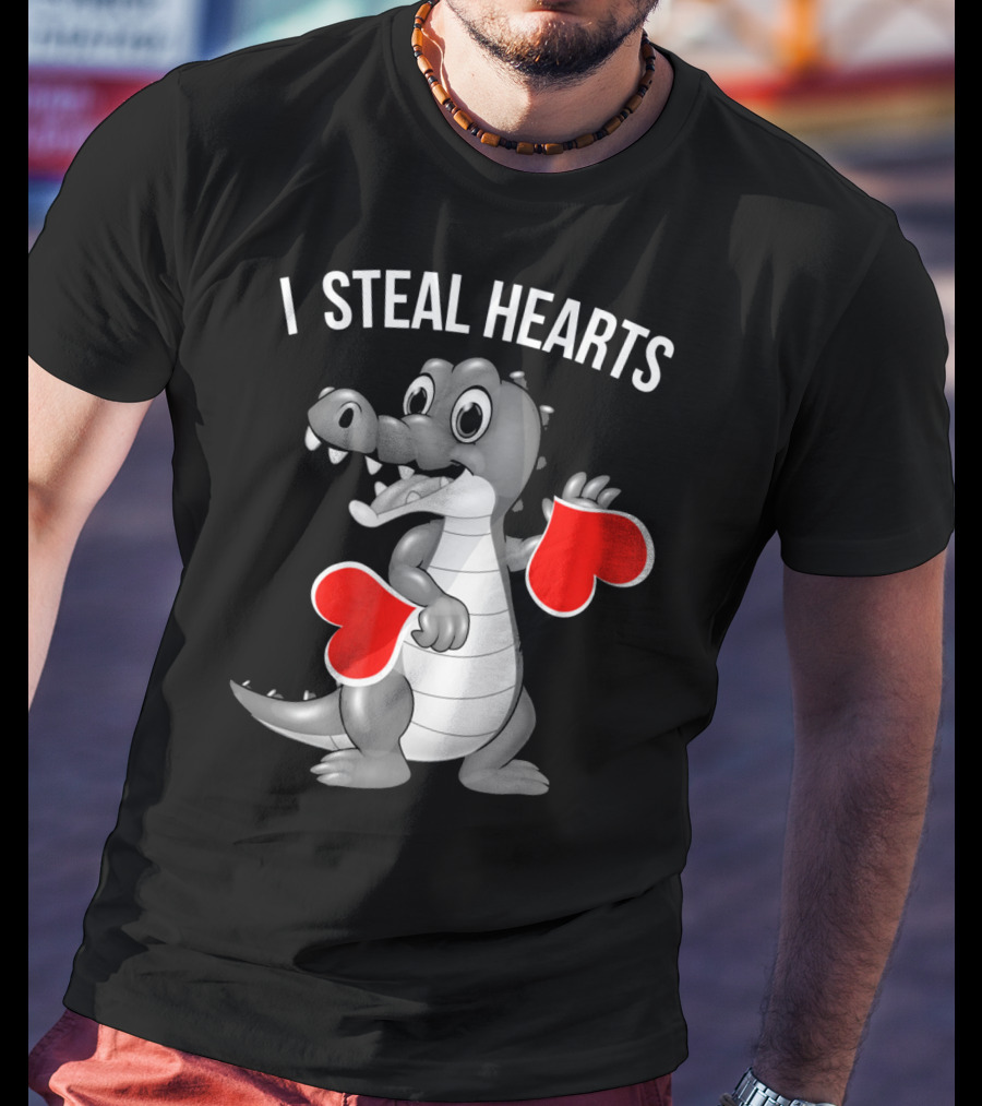 Kids Valentines Day I Steal Hearts Crocodile Holding Red Hearts T-Shirt