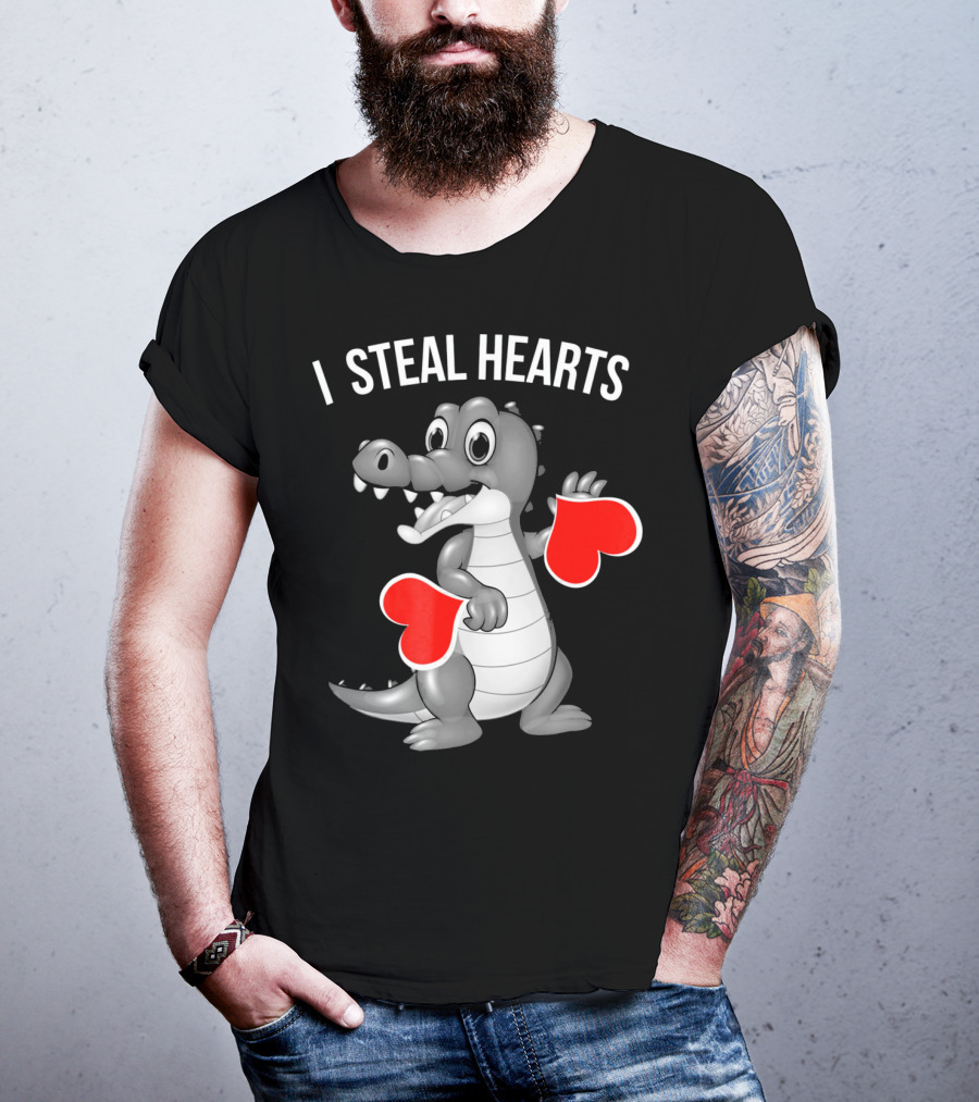 Kids Valentines Day I Steal Hearts Crocodile Holding Red Hearts T-Shirt