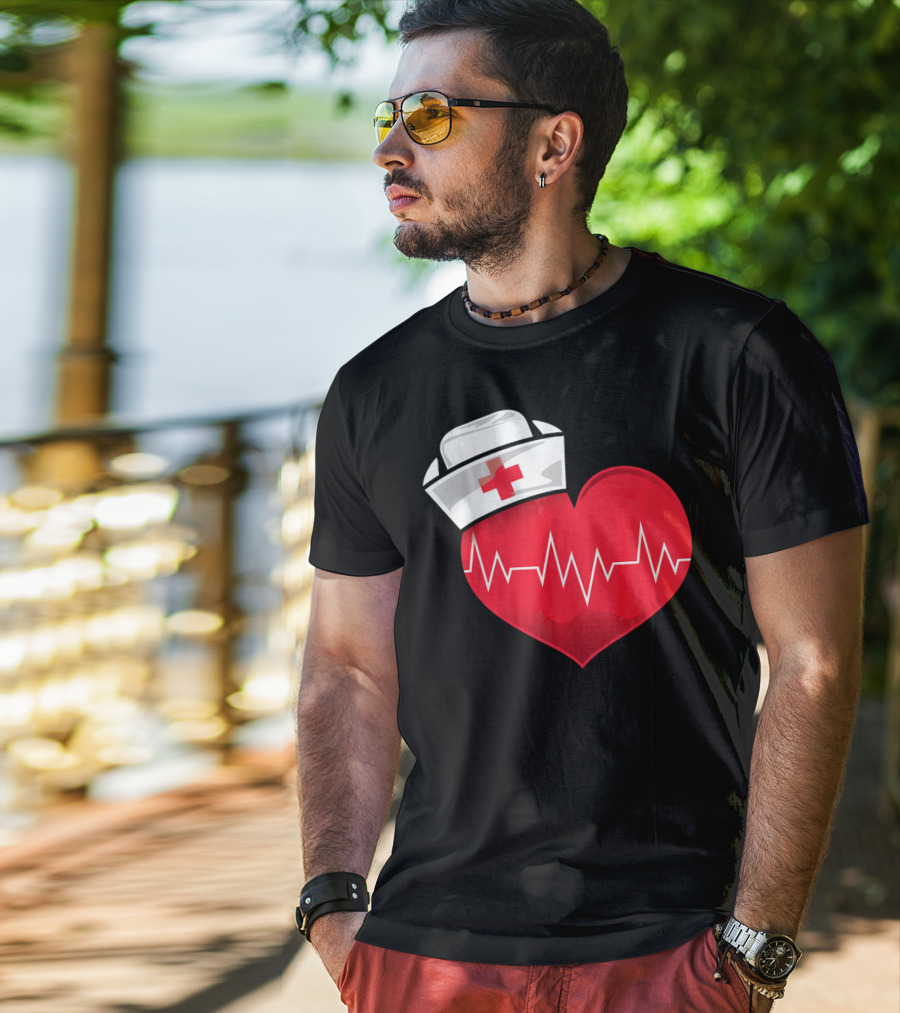 Nurse Heartbeat Valentine Costume With White Nurse Hat And Red Heartbeat Line T-Shirt