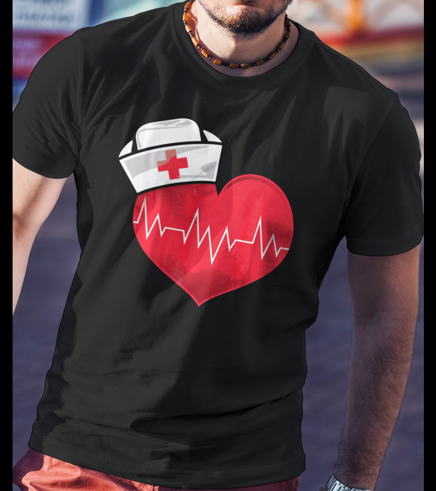 Nurse Heartbeat Valentine Costume With White Nurse Hat And Red Heartbeat Line T-Shirt
