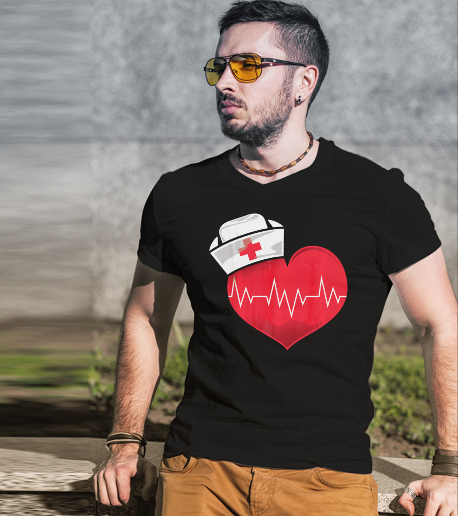 Nurse Heartbeat Valentine Costume With White Nurse Hat And Red Heartbeat Line T-Shirt