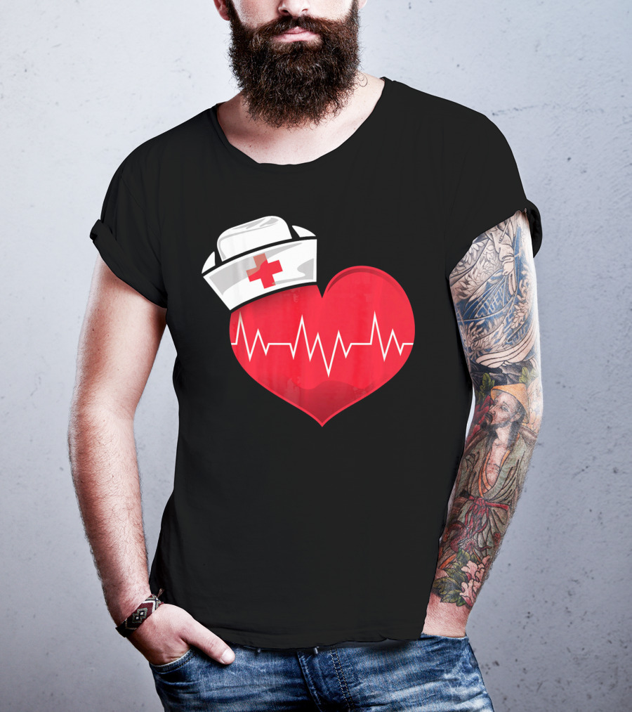 Nurse Heartbeat Valentine Costume With White Nurse Hat And Red Heartbeat Line T-Shirt