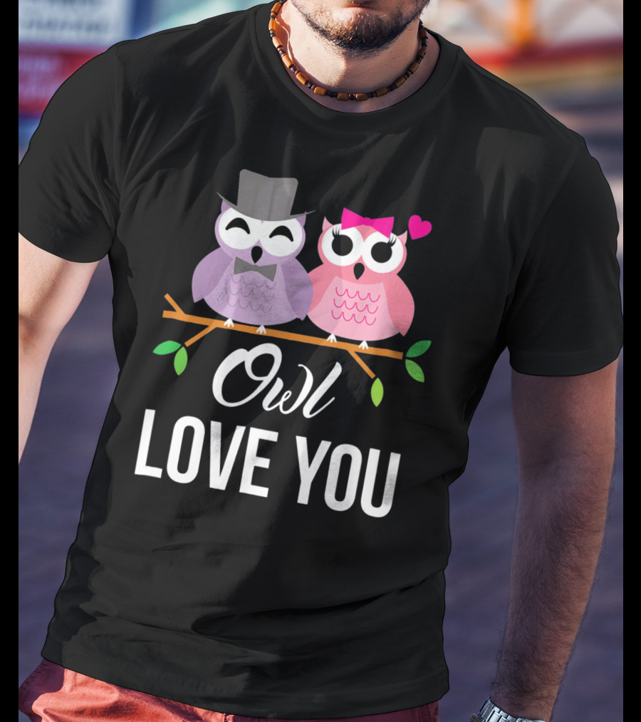 Owl Love You Valentines Pink And Purple Owls With Hats And Heart T-Shirt