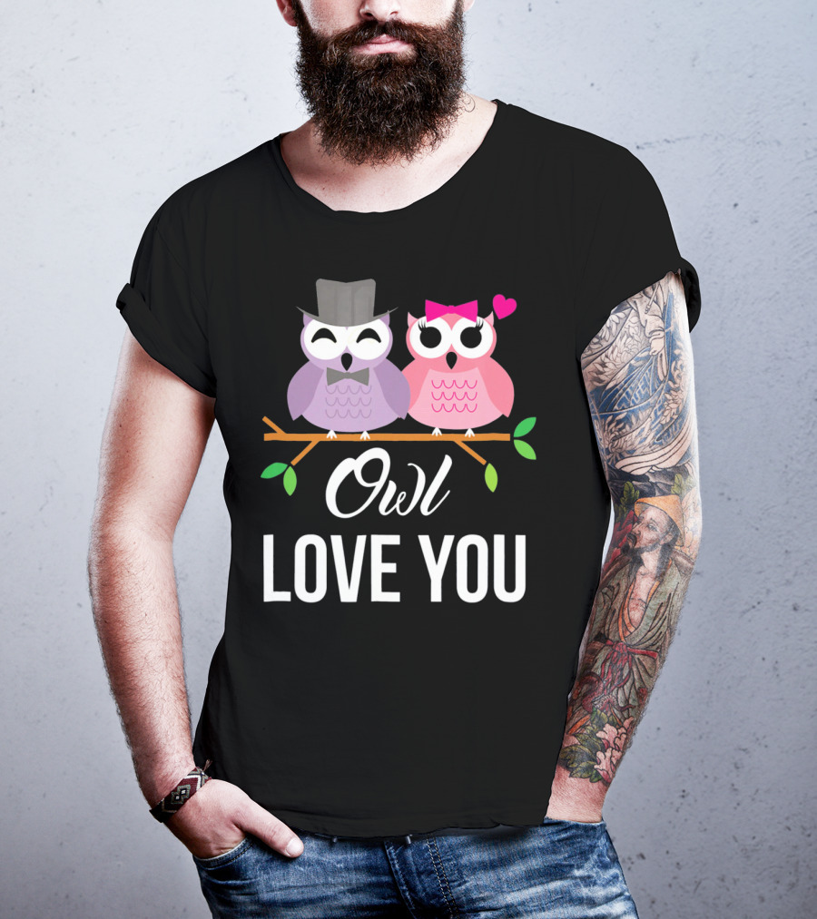 Owl Love You Valentines Pink And Purple Owls With Hats And Heart T-Shirt