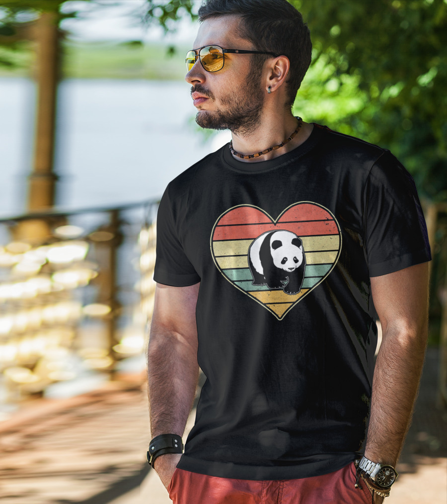 Panda Bear Vintage Heart Retro Stripes T-Shirt
