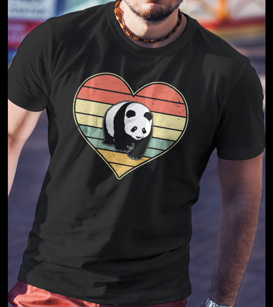 Panda Bear Vintage Heart Retro Stripes T-Shirt