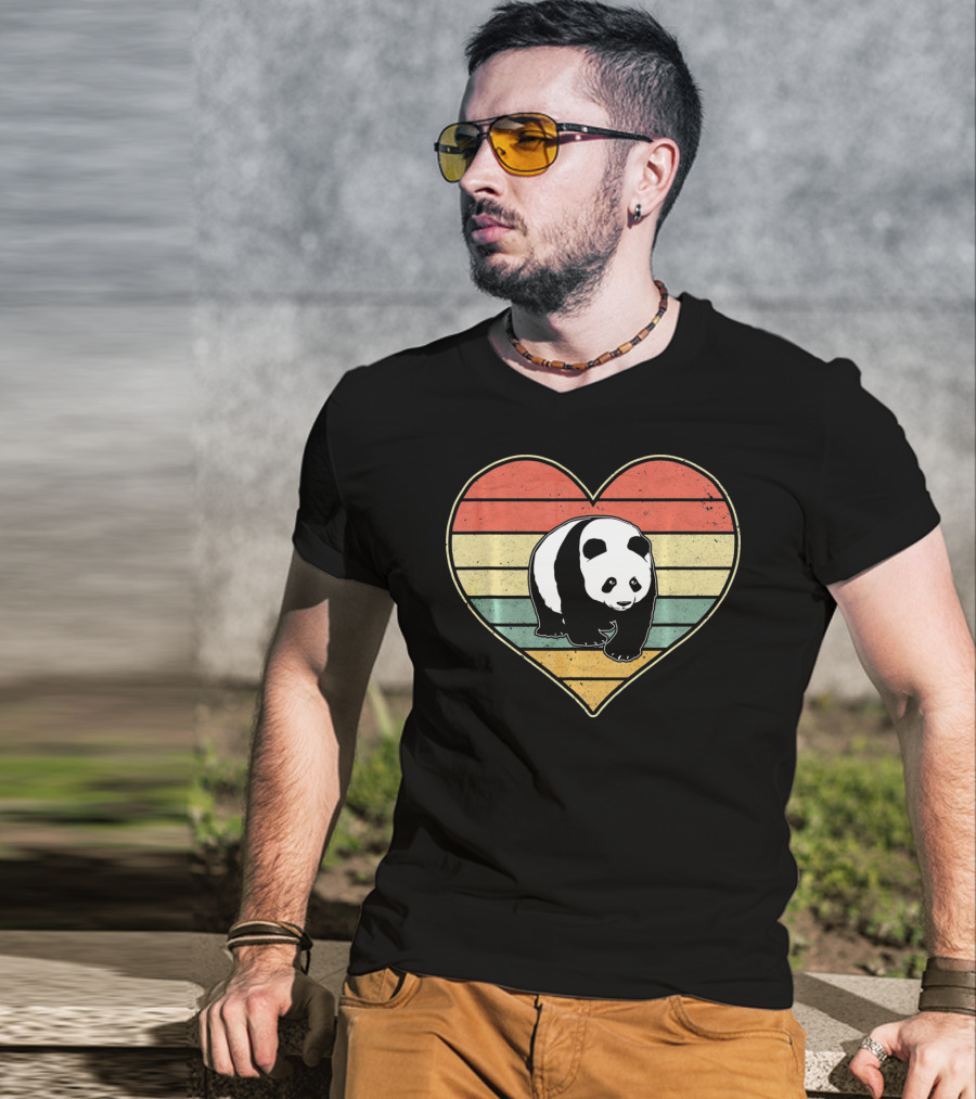 Panda Bear Vintage Heart Retro Stripes T-Shirt
