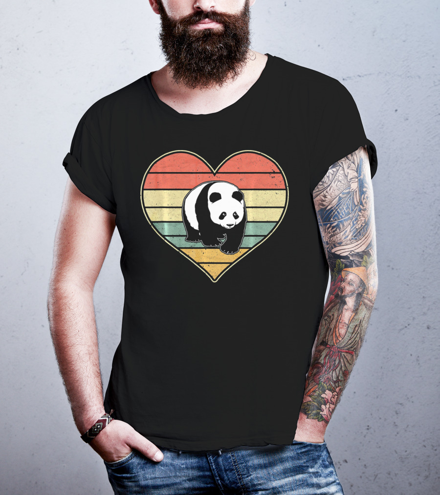 Panda Bear Vintage Heart Retro Stripes T-Shirt